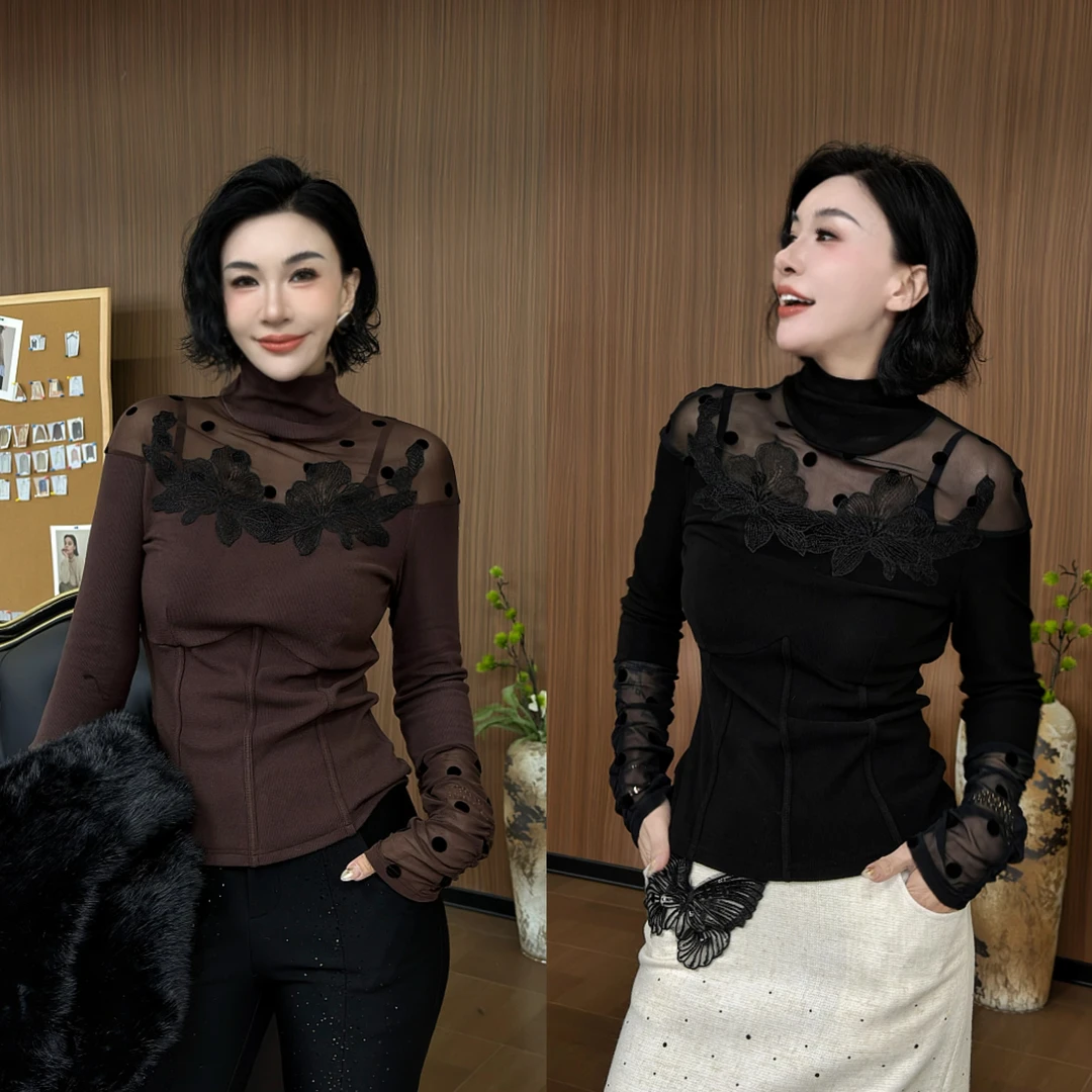 SONG-原创【暮夜花开】设计师新款时尚网纱绣花设计显瘦百搭上衣