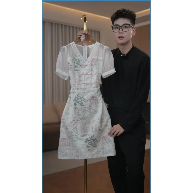 1601新款中式改良旗袍显瘦短袖刺绣气质夏季新款绣花连衣裙女裙子
