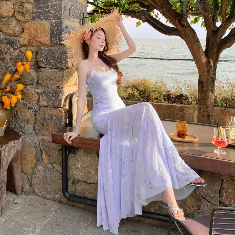 法式小香风薄纱吊带连衣裙夏日绝美长裙海边度假修身网纱鱼尾裙子