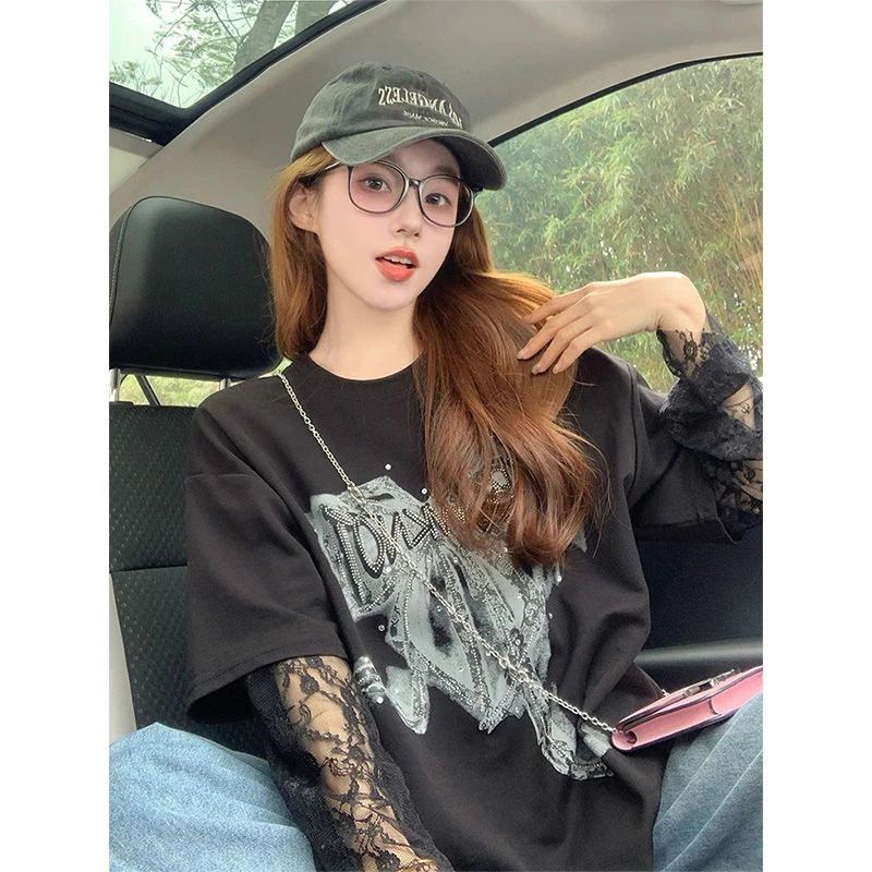 2025美式小个子假两件蝴蝶结蕾丝烫钻长袖T恤女大码胖mm宽松内搭