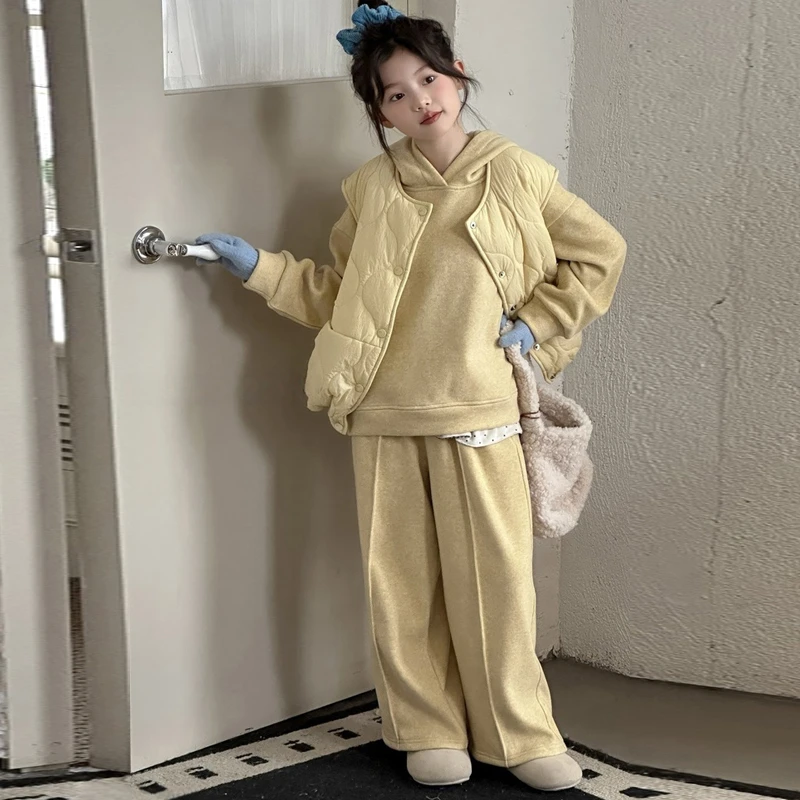 女童加绒套装秋冬装2025新款洋气时髦女孩高级感加厚一体绒三件套