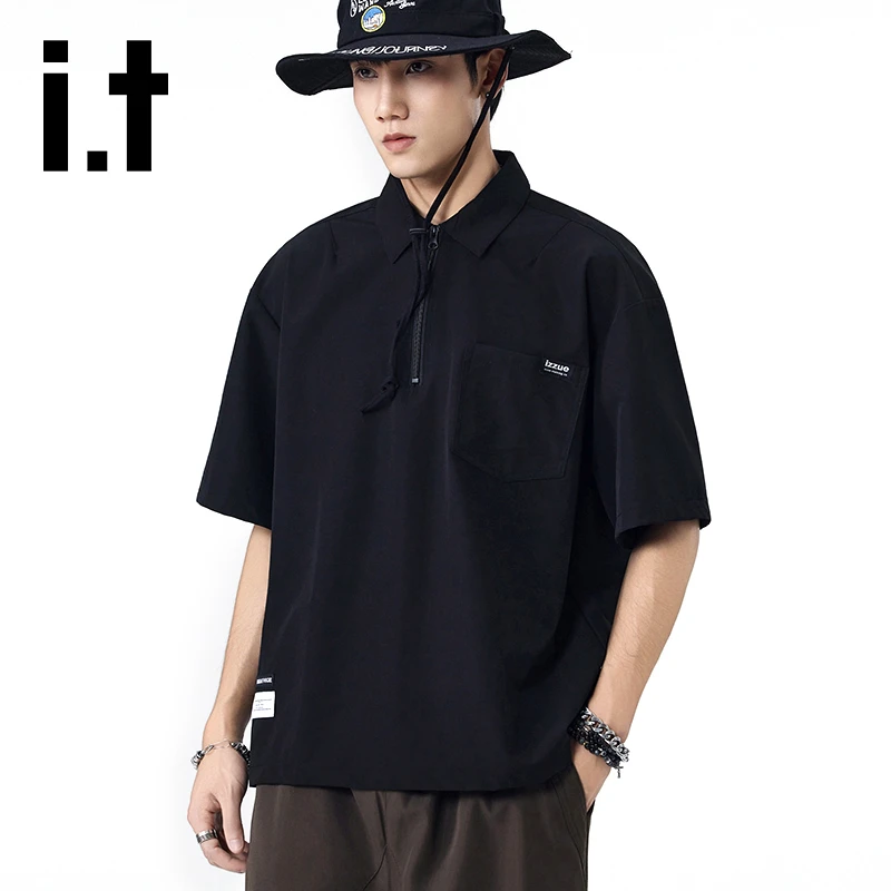 it izzue夏季新款宽松休闲短袖polo衫男士潮流半拉链冰丝翻领半袖