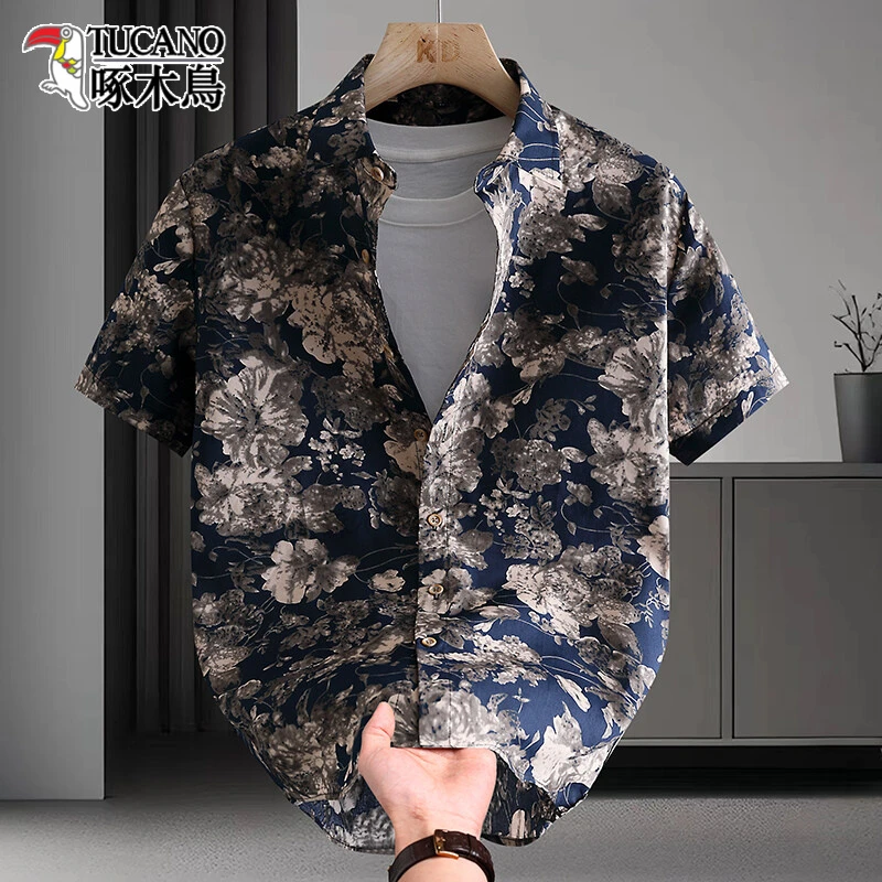TUCANO/啄木鳥碎花短袖衬衫男士夏季2025新款薄款痞帅半袖衬衣