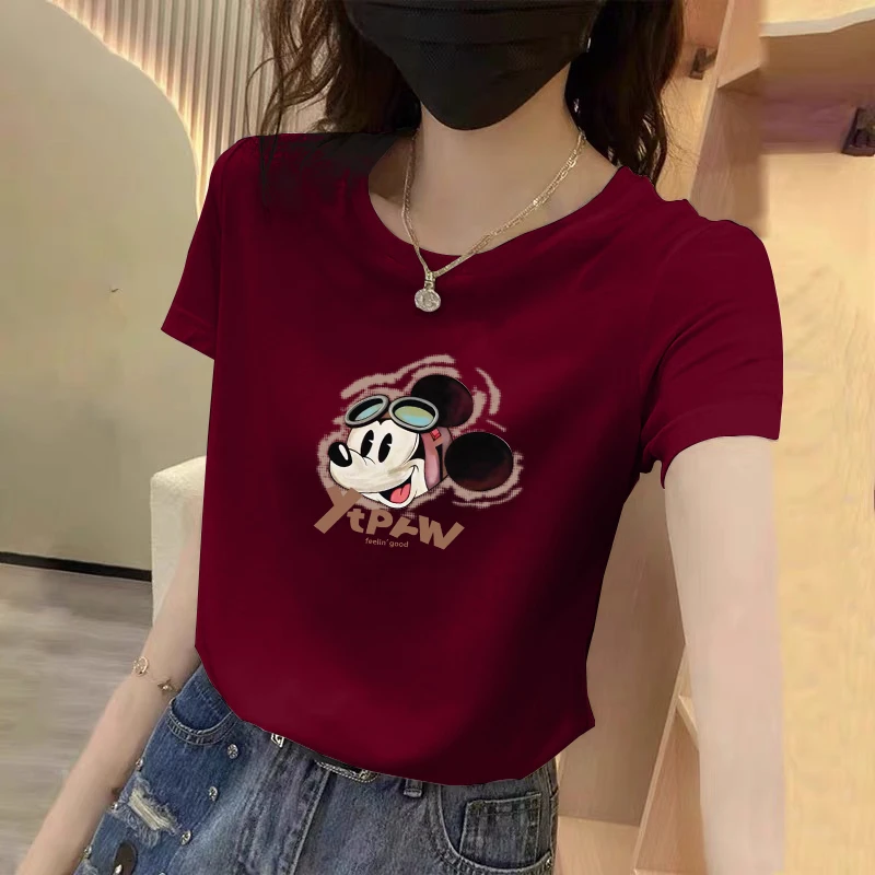 正肩圆领短袖t恤女装夏季修身显瘦体恤洋气减龄印花休闲百搭上衣