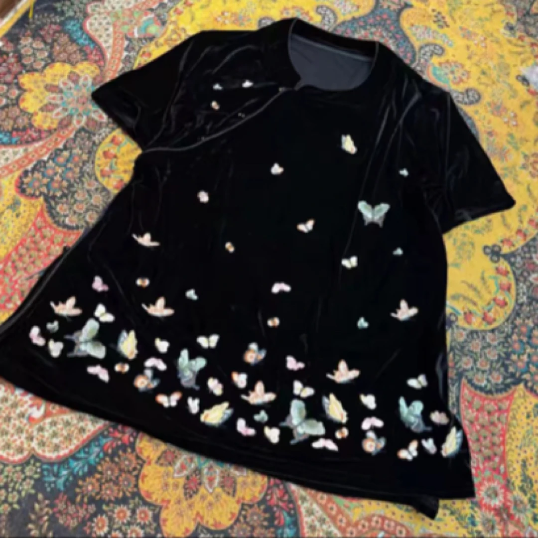 夏季黑色宽松显瘦新中式蝴蝶丝绒重工刺绣上衣