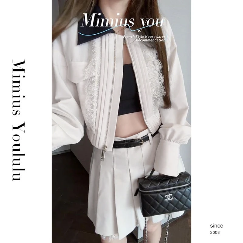 【mimius】肉 25早秋轻奢芭蕾风蕾丝翻领外套+半裙（带腰带） G07164