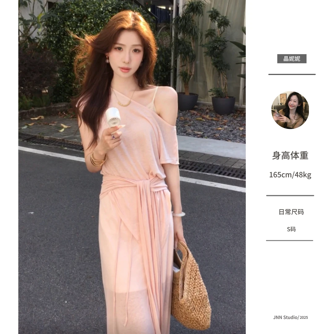 【晶妮妮定制】通勤亚麻针织开衫披肩3件套装，女装开衫+T恤+半身裙