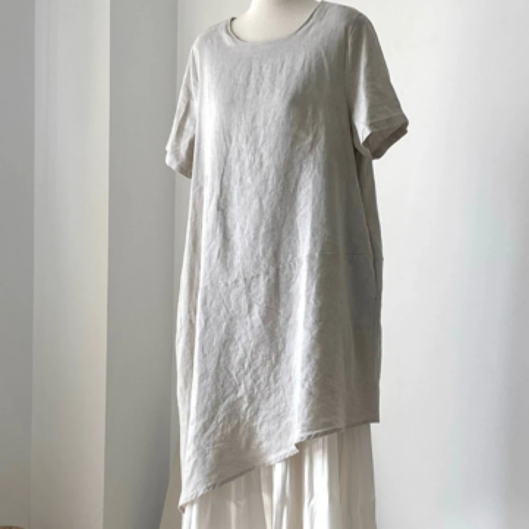 全亚麻拼接流光摆.短袖连衣裙