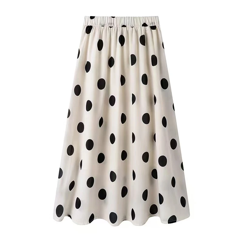 法式春夏季大波点高腰雪纺半身裙气质显瘦中长裙A字裙