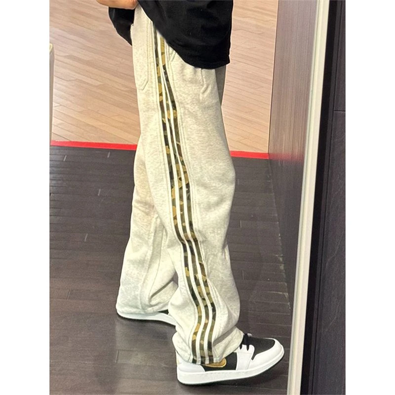 2025薄款白花灰迷彩条纹裤子男美式重磅卫裤宽松直筒休闲运动裤潮