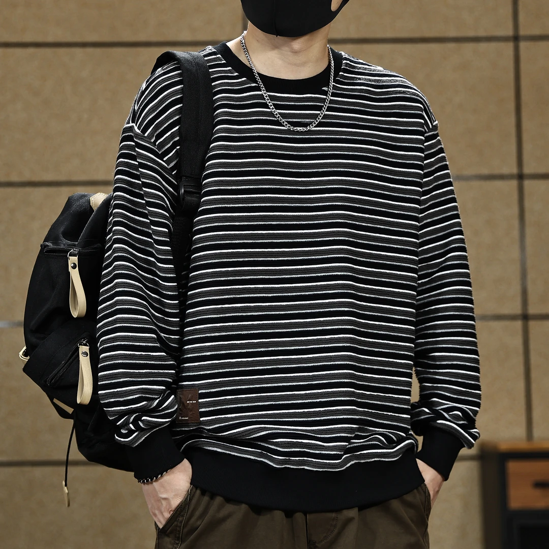 高端复古条纹重磅长袖T恤男秋季新款潮流百搭休闲宽松卫衣打底衫