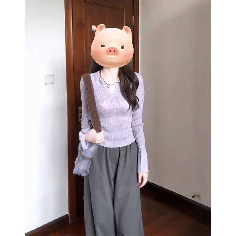 2025早秋新款法式气质修身V领长袖针织上衣百搭高腰显瘦阔腿长裤