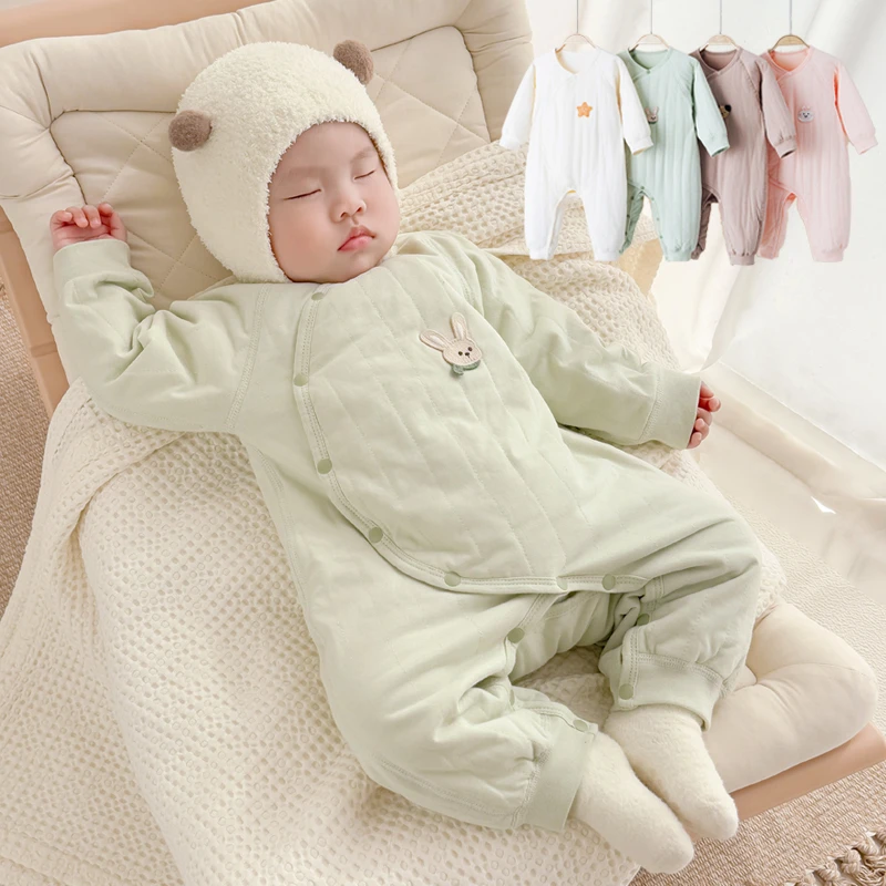 春秋夹棉连体衣宝宝纯棉护肚哈衣婴幼儿薄棉蝴蝶衣满月爬服家居服