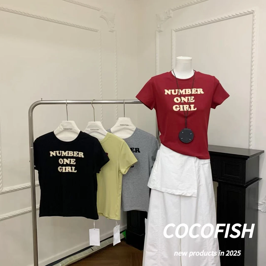 通勤款植绒字母印花圆领短袖T恤#293