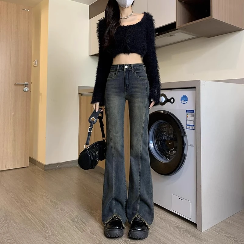 300斤大码胖mm复古微喇叭牛仔裤女春秋新款高腰显瘦开叉马蹄长裤