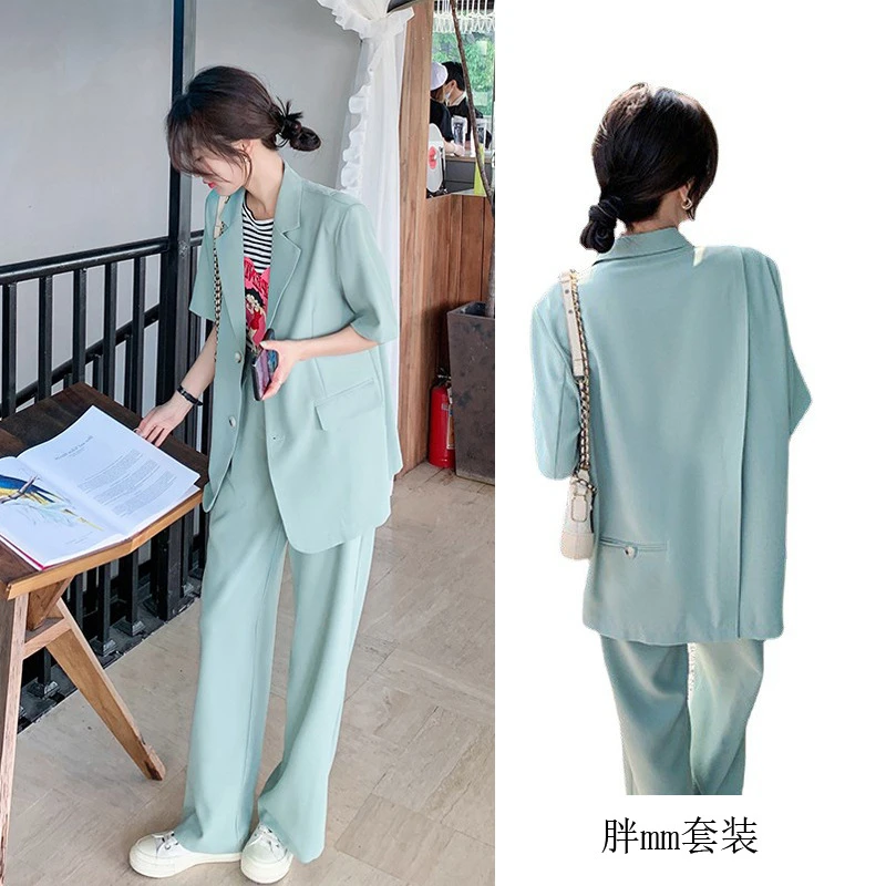 夏季大码女装薄款短袖西装外套胖mm职业西服两件套胖妹妹显瘦套装