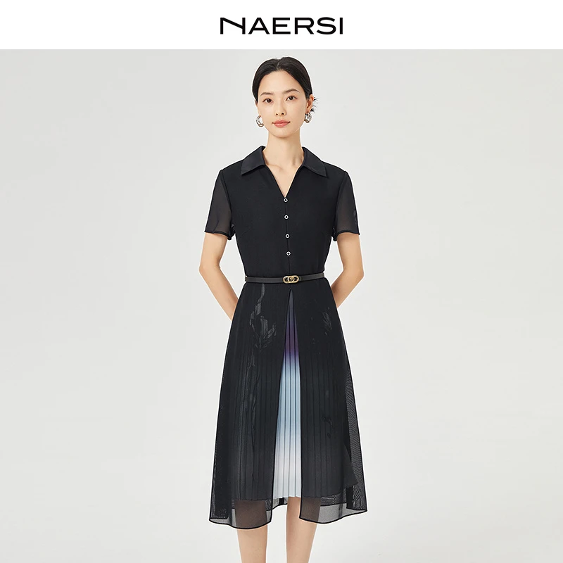 娜尔思通勤午夜蓝连衣裙女装拼接法式长裙黑色春夏时尚NF08650Q8