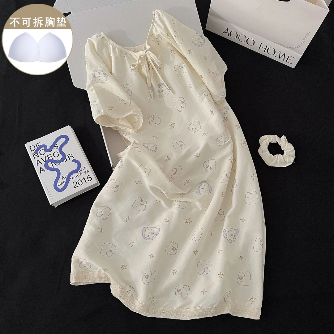 带胸垫睡衣女夏季休闲短袖可爱兔子睡裙薄款宽松圆领家居服连衣裙