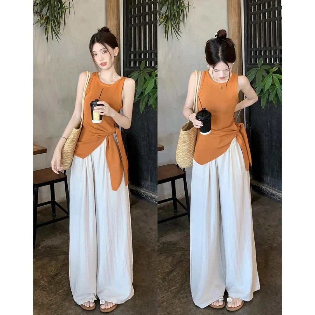 松弛感慵懒风绑带针织无袖背心女夏季高腰直筒垂感阔腿裤时尚套装