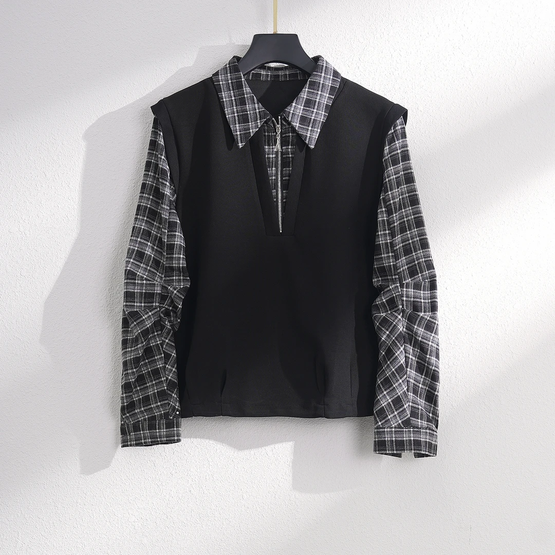 【春季新款】韩系复古格子时髦减龄百搭假两件小衫CC5500  衣长57