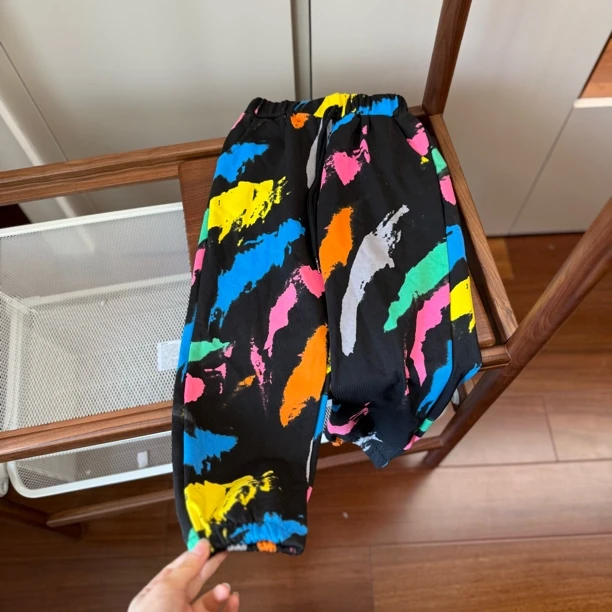 【编号C444】3023-01-彩虹印染色束脚休闲裤黑色