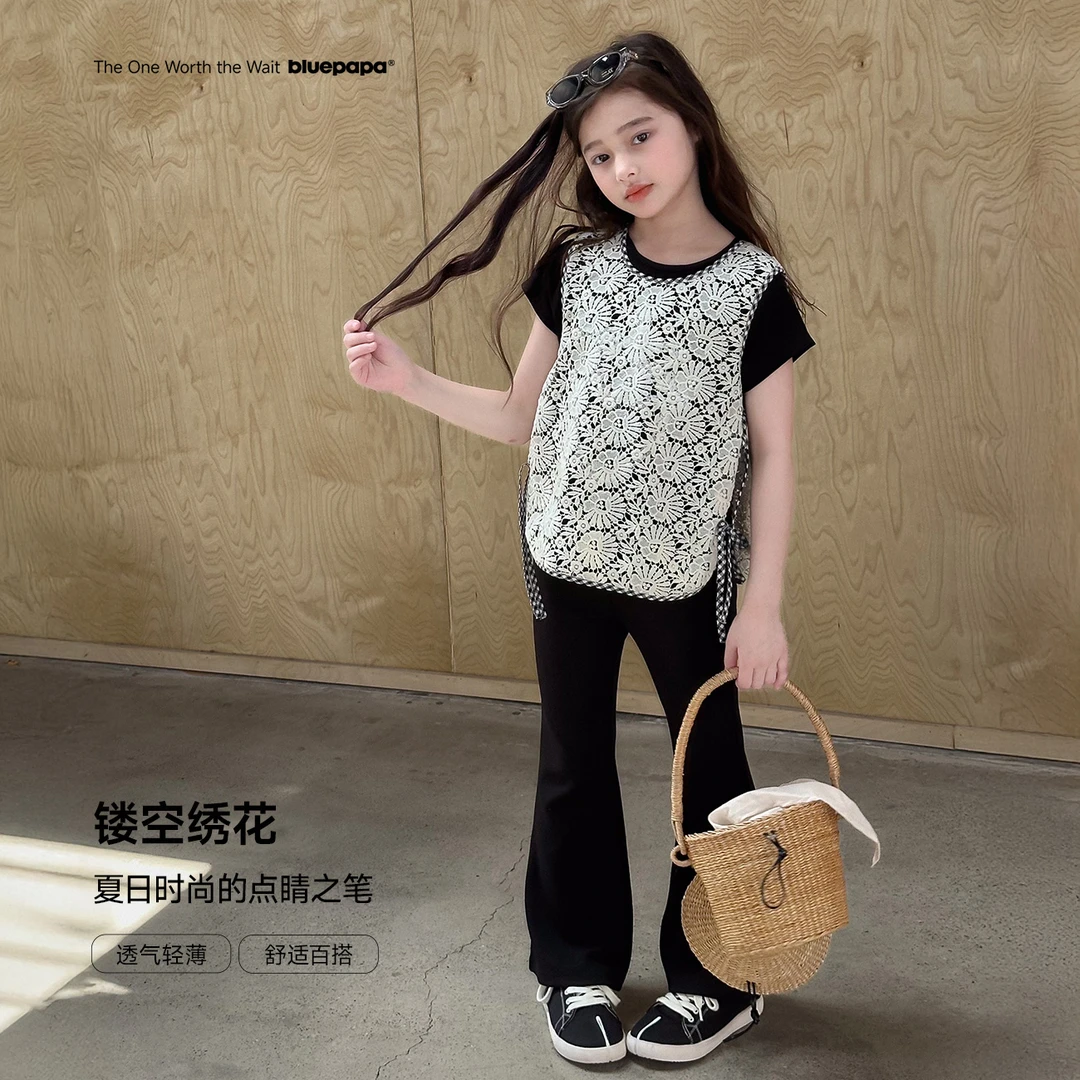 【奶杏】蓝小爸童装女童刺绣马甲夏季新款儿童设计感叠穿上衣