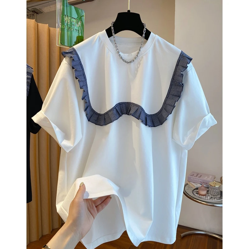 6595别致高级感木耳边拼接白色t恤女短袖新款宽松时尚体恤上衣夏
