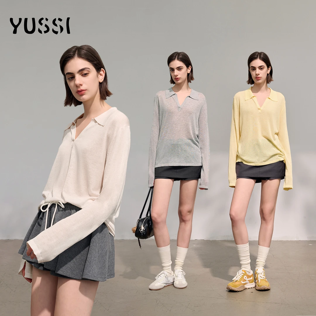YUSSI【松弛超模】夏季凉感亚麻针织POLO领百搭休闲薄款防晒T恤