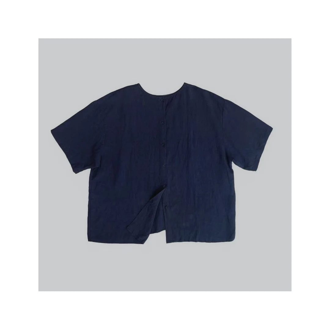 硕哥（单上衣）藏青色后背排扣亚麻上衣休闲设计感宽松显瘦 21771-1