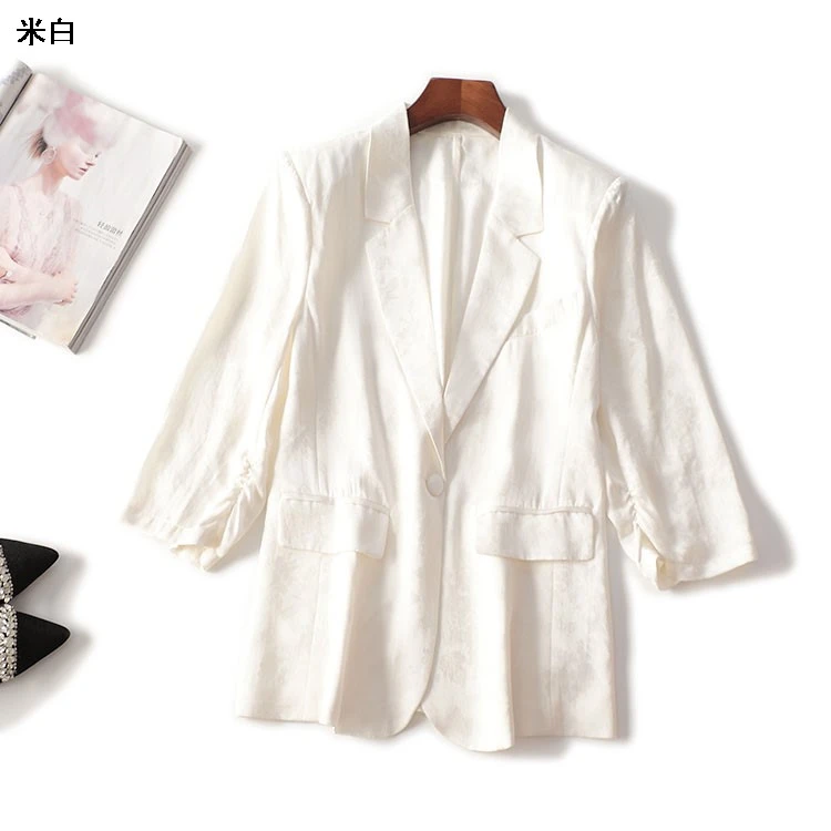 411419春中长款九分袖翻领西装韩版小西服白色小西装休闲薄款夏季