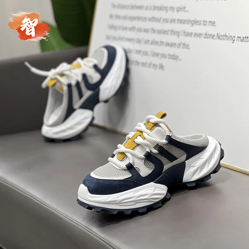 智冶半拖老爹鞋系带厚底增高舒适轻便百搭时尚2025夏季新款休闲鞋