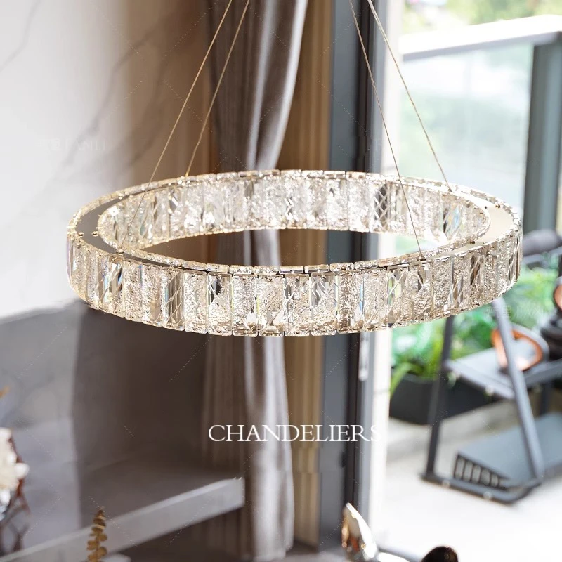 现代简约卧室餐厅灯极简轻奢冰川水晶圆形客厅吊灯别墅复式楼灯具