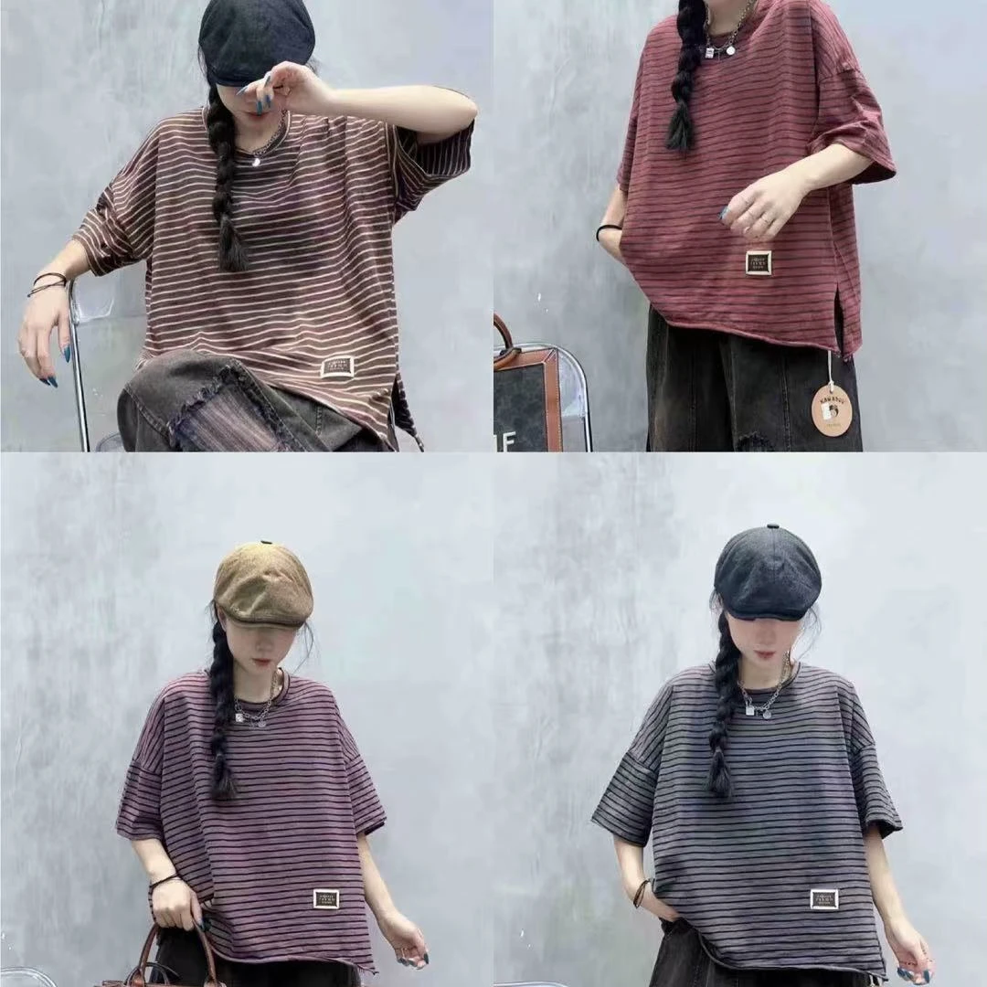 夏新款休闲条纹T恤百搭短袖常规款圆领T宽松型时尚潮流上衣