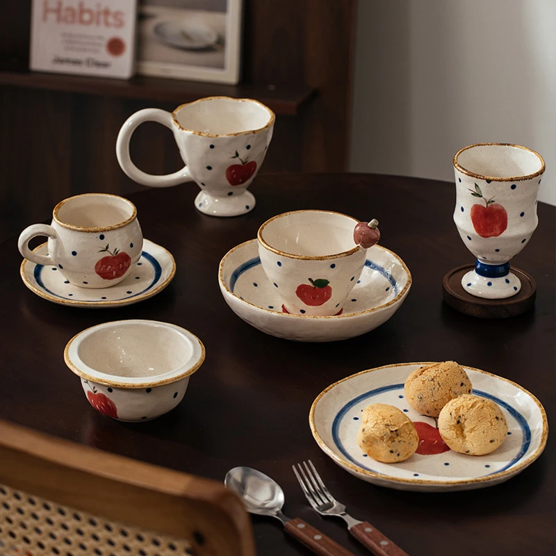 新品 粗陶手作 苹果餐饮具套装咖啡杯盘子 手绘釉下彩