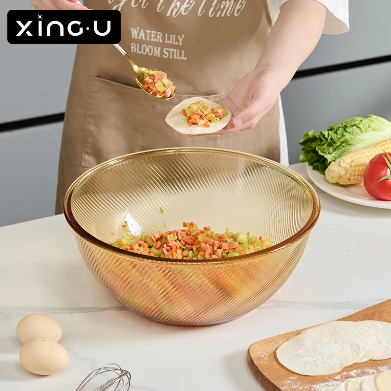 【条纹玻璃盆系列】大号揉面发面盆耐高温家用高硼硅玻璃和面和面盆