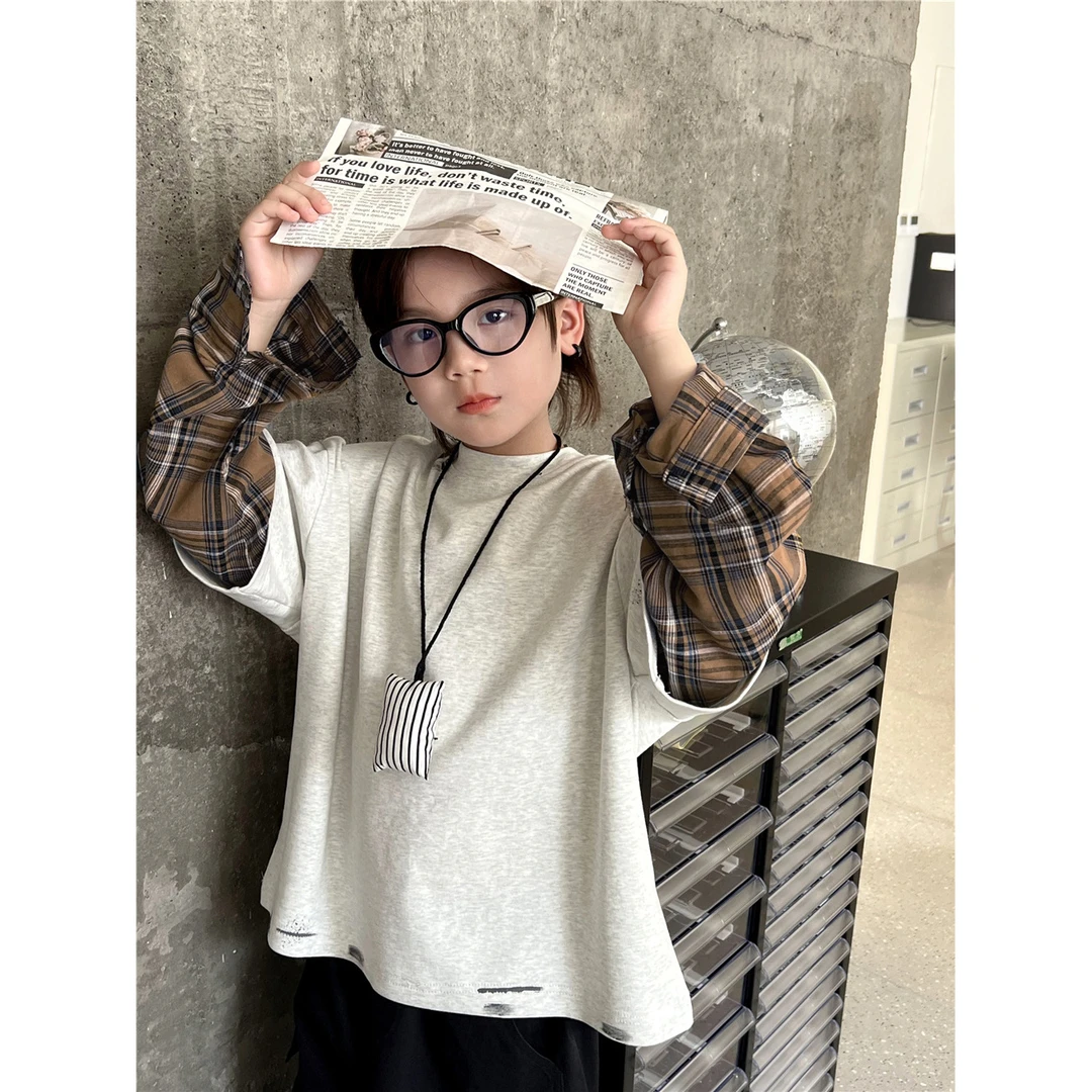 2025秋款儿童假两件打底衫格纹袖拼接手工画漆男女童洋气长袖潮