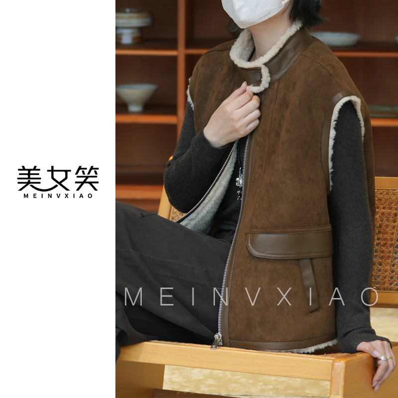 美女笑MNX【琥珀】冬季厚款保暖纯色拉链宽松型马夹毛马甲加绒加厚