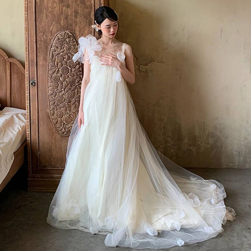 新娘晨袍白色花朵气质轻婚纱晚礼服吊带仙气露背拖尾敬酒服连衣裙