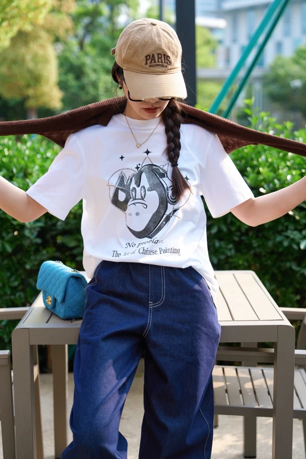 俪妍印花Oversize风圆领短袖卡通T恤夏季韩版夏装时尚半袖百搭