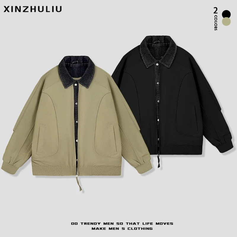 【时尚牛仔拼接翻领夹克外套】百搭潮流假两件纯色翻领外套9879