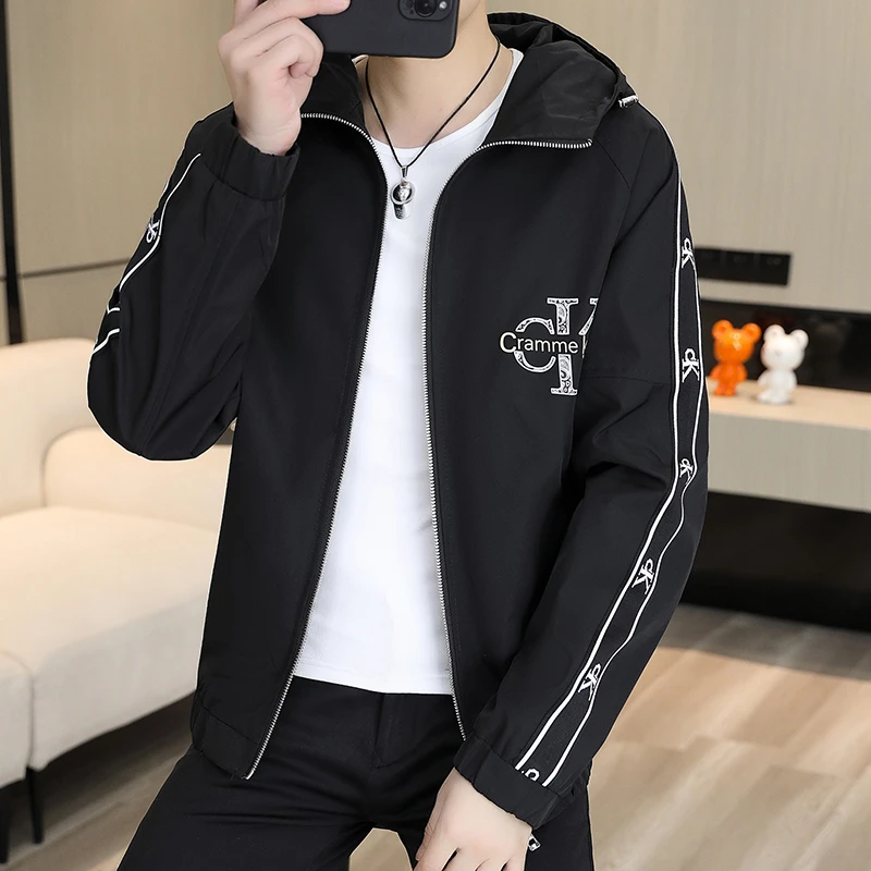 春秋季新款男士夹克秋季潮流帅气连帽外套时尚休闲百搭宽松夹克衫