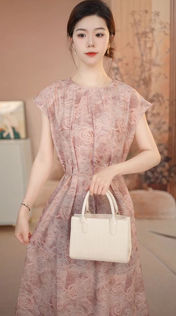 [带腰带] 01玫瑰撒银 夏季新款设计师气质清凉透气遮肉 连衣裙