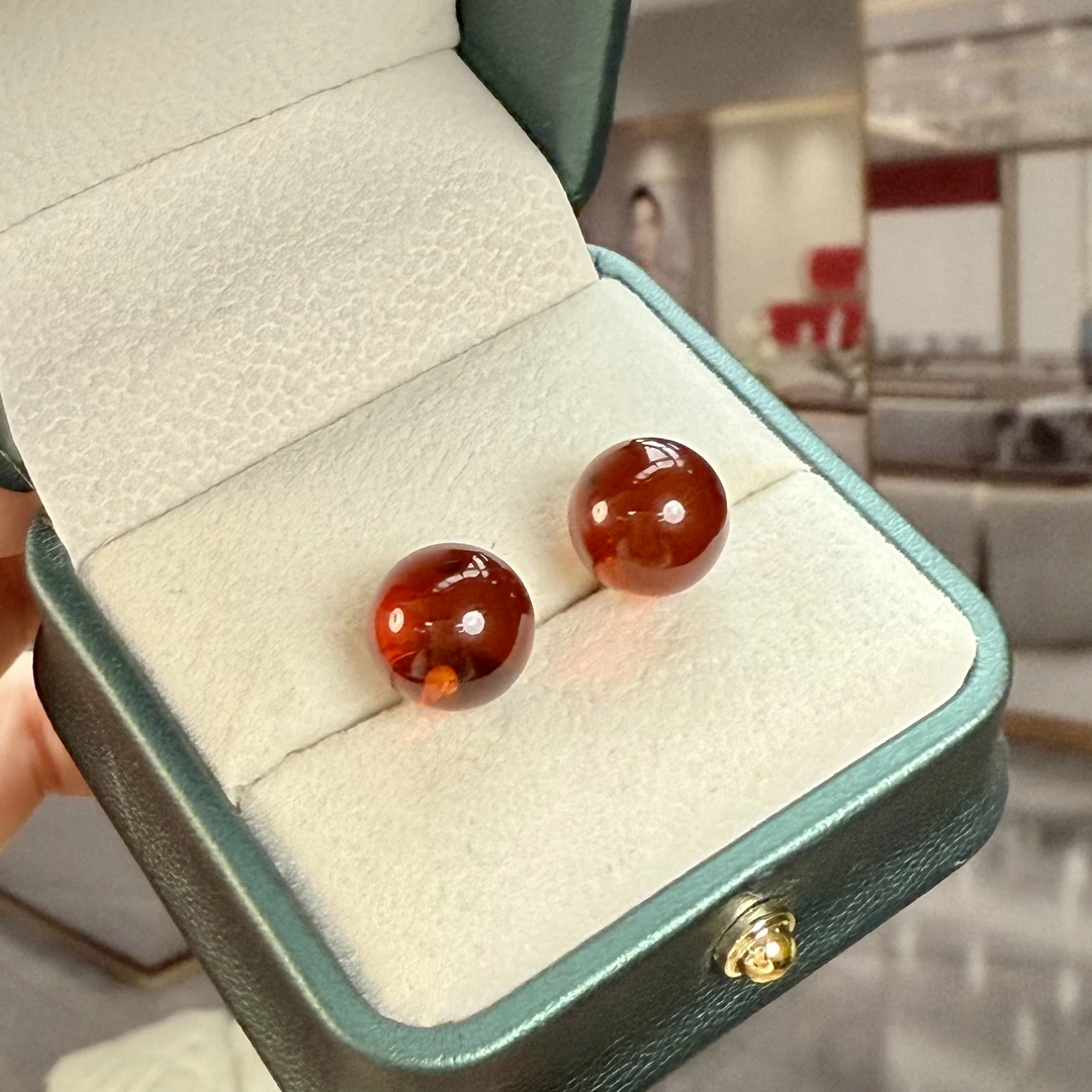佳璐珠宝天然缅甸血珀11mm+耳钉时尚百搭珠珠正圆简约精致