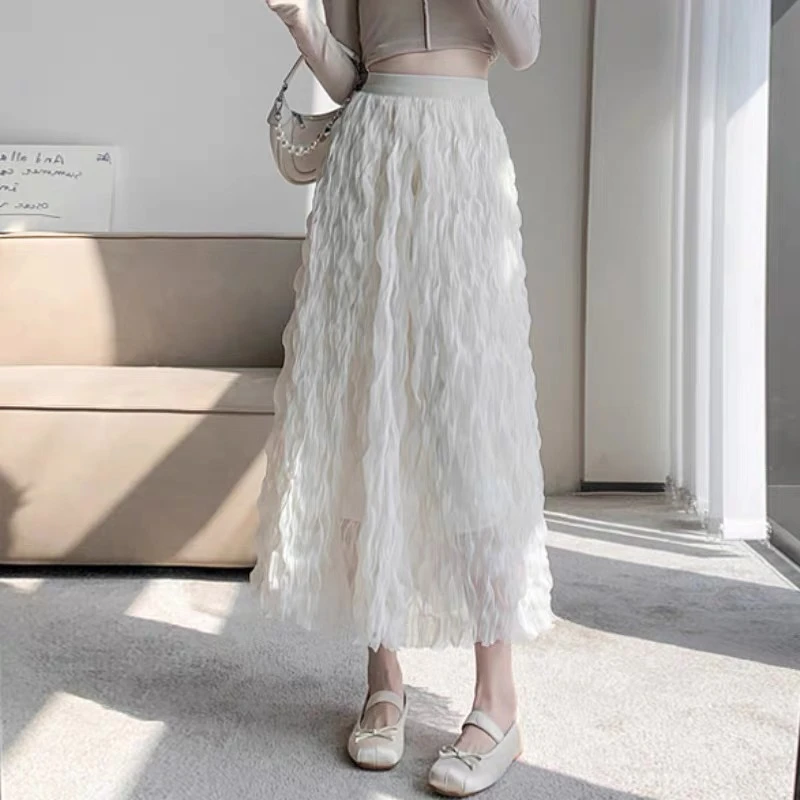 法式网纱半身裙女春秋季甜美温柔杏色中长款设计感褶皱高腰字裙