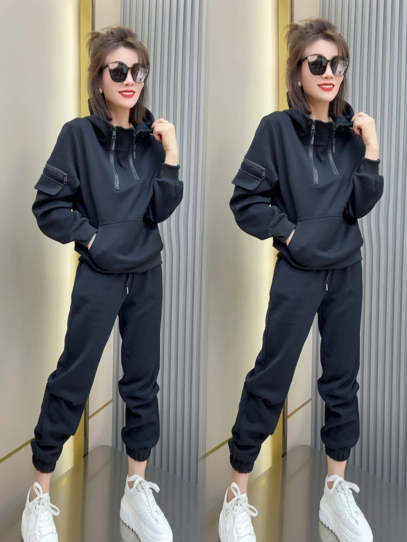 春款双拉链连帽休闲两件套