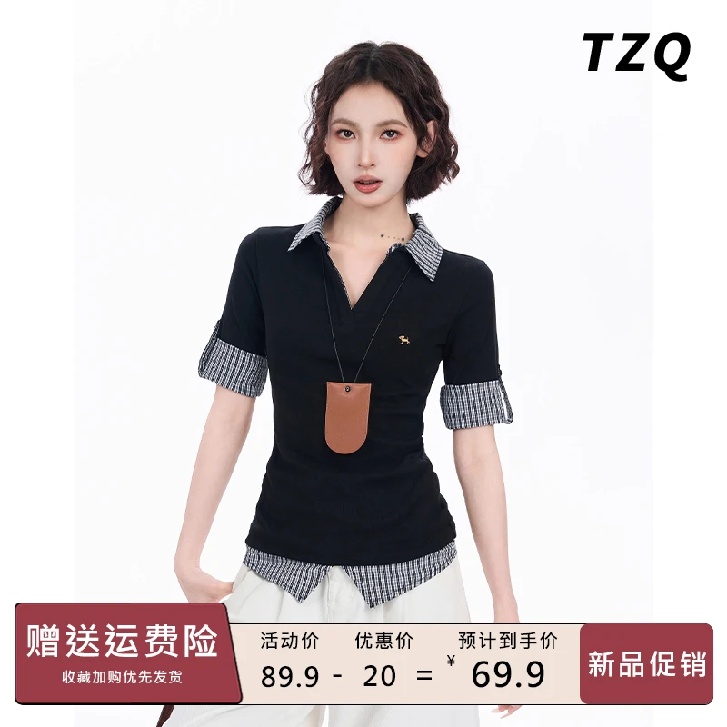 条纹假两件polo衫正肩短袖t恤女夏季修身短款紧身上衣TZQ2561648