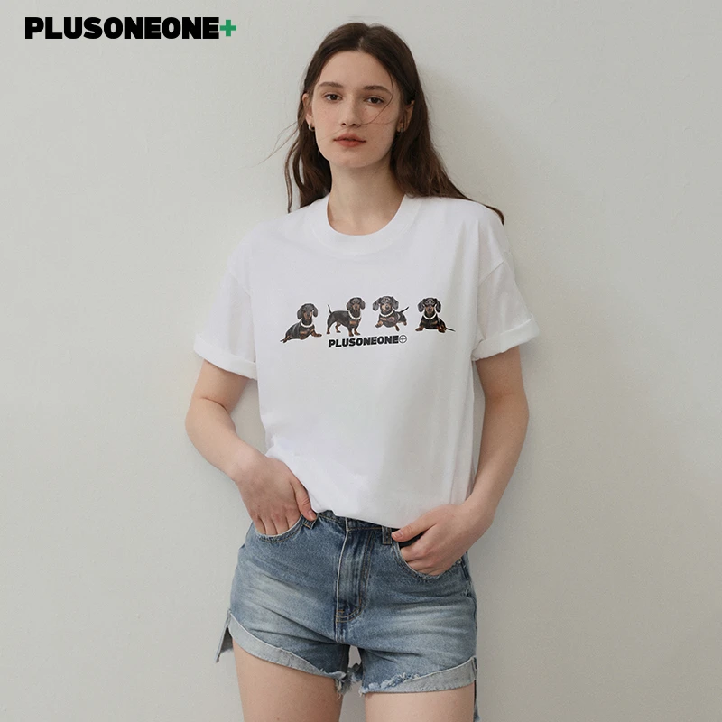 PLUSONEONE+原创设计珍珠项链腊肠狗宽松纯棉T恤女潮流短袖男夏