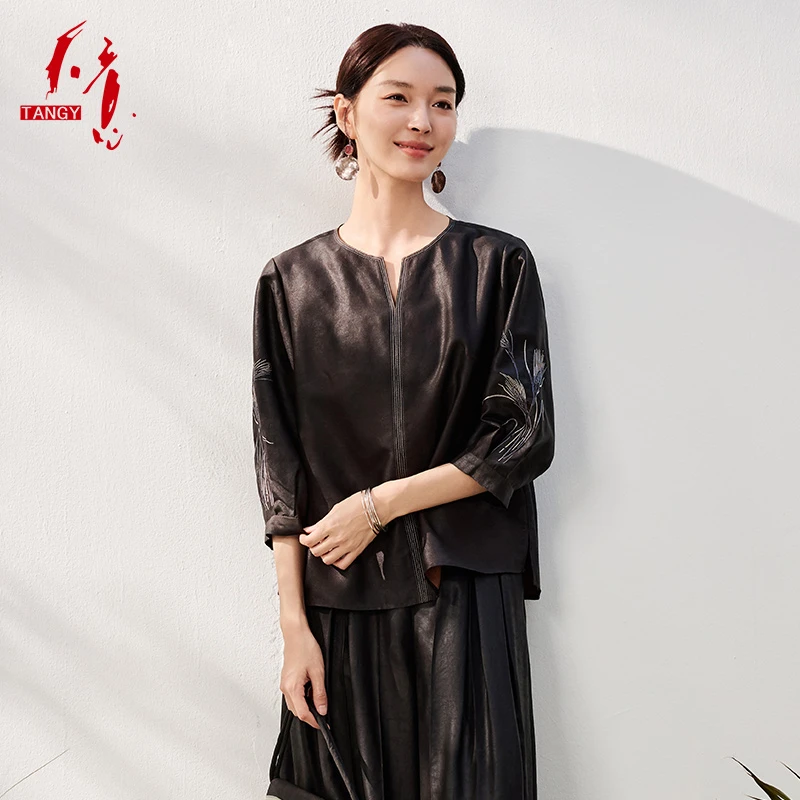 TANGY/天意2026春季新款商场同款民族风茛绸绣花女士T恤2261036