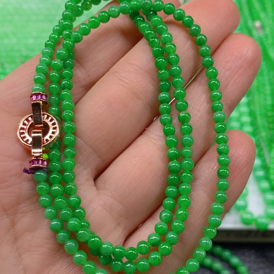 翡翠颈饰未镶嵌缅甸天然翡翠冰种阳绿小米珠项链3.6m' m