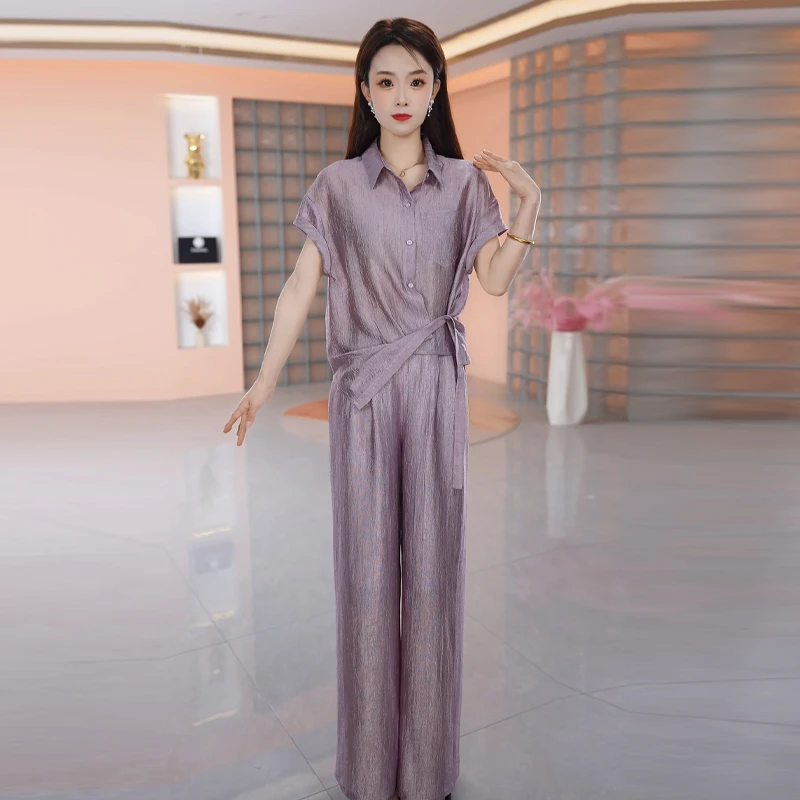 【两件套】夏季时尚修身气质短袖洋气休闲收腰显瘦减龄女装套裤